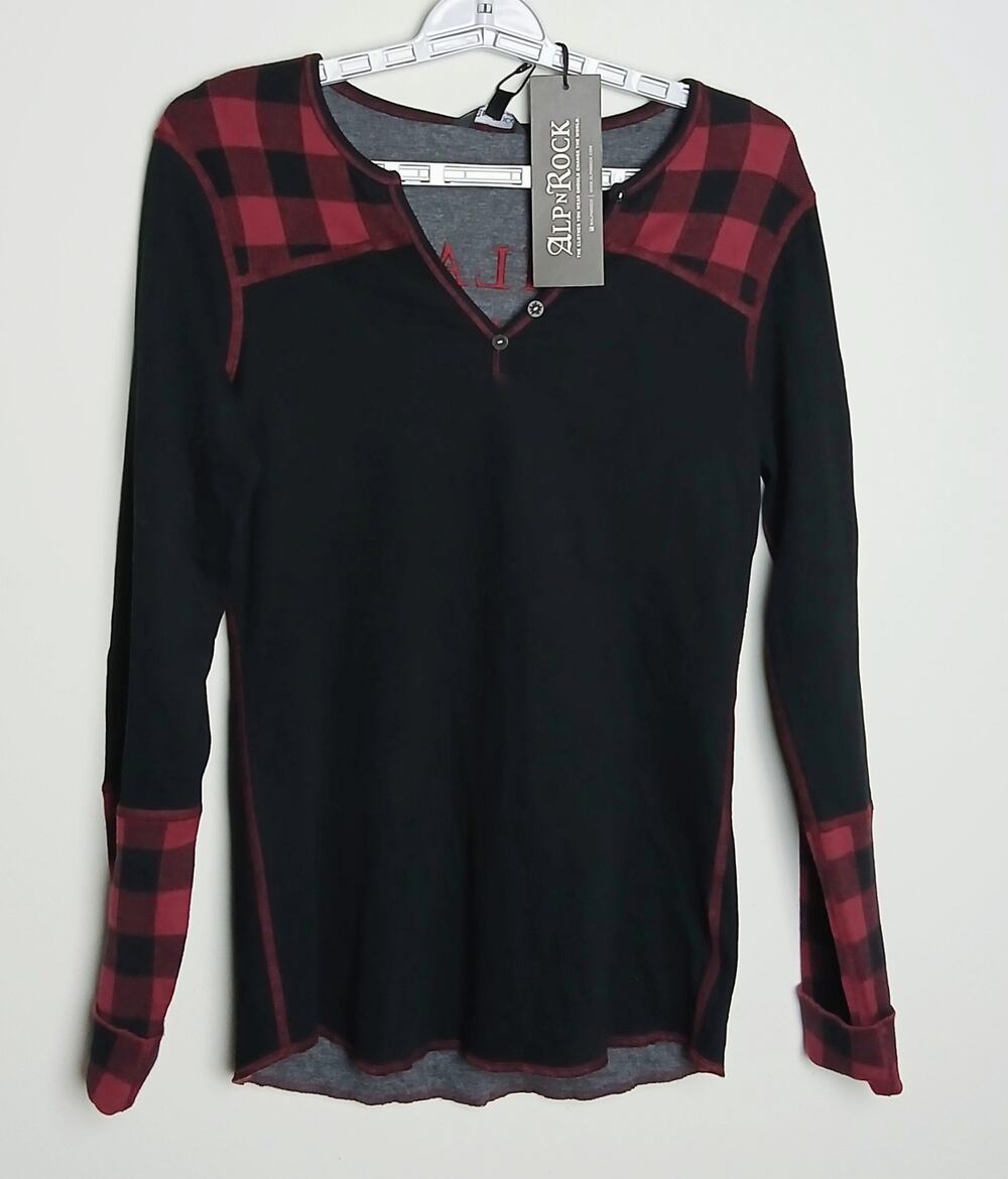 Alp N Rock Charlotte Henley Shirt M Black Red Plaid Waffle Knit Thermal Top NWT